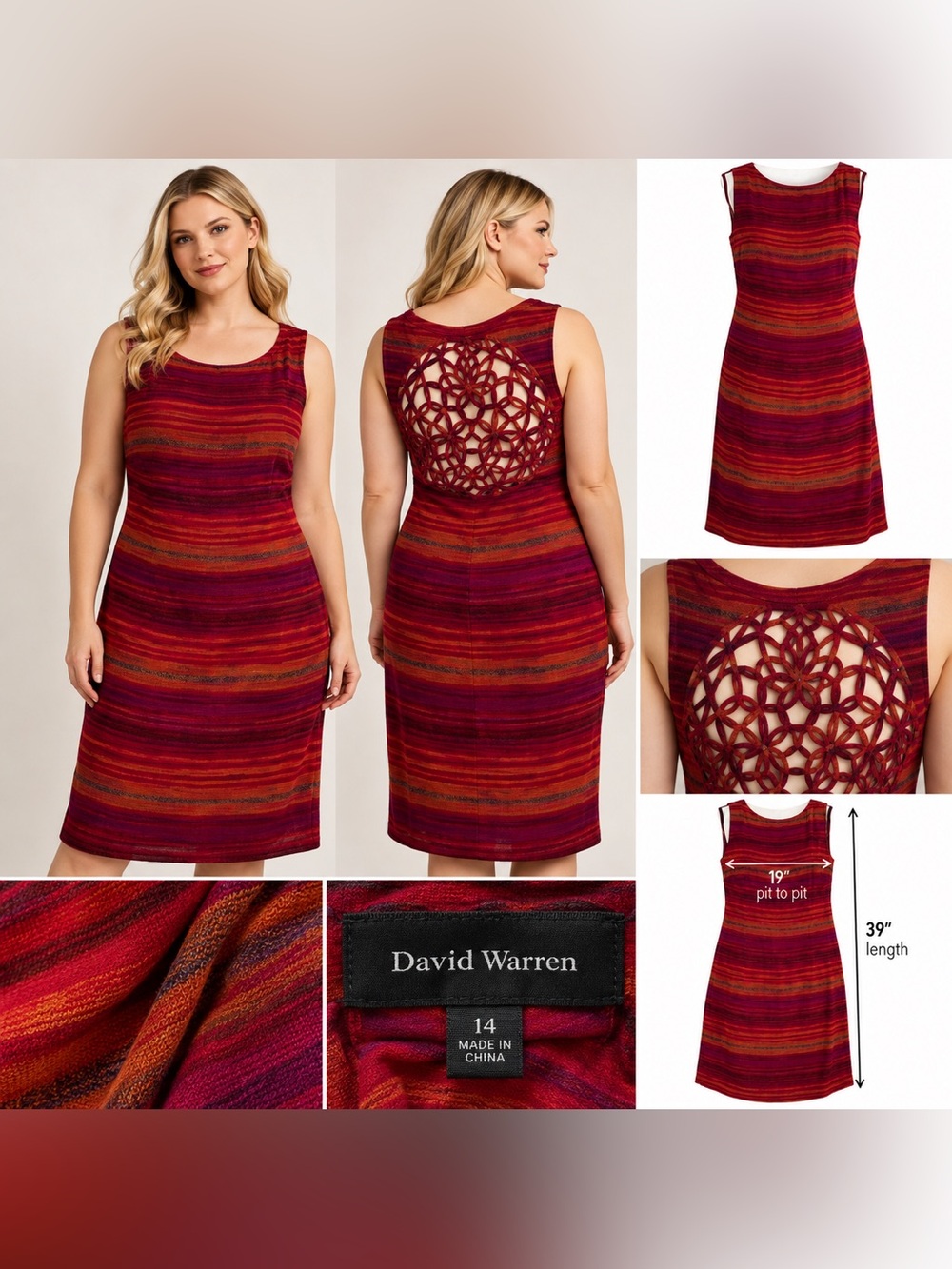David Warren Striped Cage Back Midi Sheath Dress Size 14 Red Purple